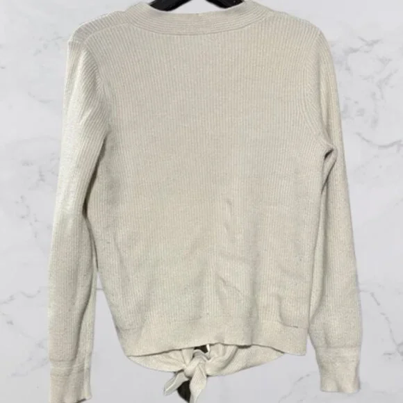 Anthropologie Moth Sweater Size M Ribbed Knit Ivory V Neck Tie Front Pullover - Picture 2 of 4